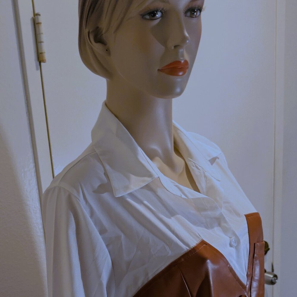 WOMEN'S SHIRT COLLAR BUTTON DOWN DRESS WHITE BLOUSE with BROWN DRESS XL